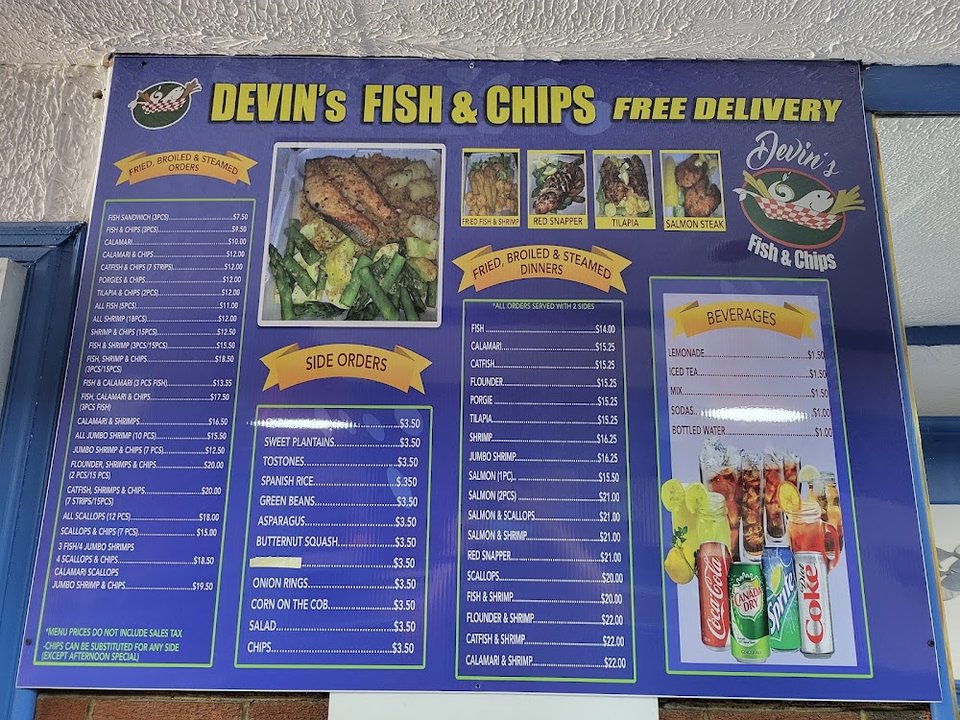 Takeout menu with shrimp, catfish, and fish dinners.